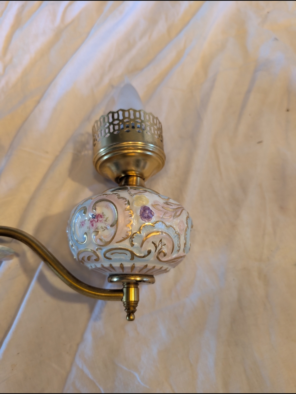Vintage Porcelain Double Hurricane Lamp with Pink Floral and Gold Accents - Picture 9 of 11